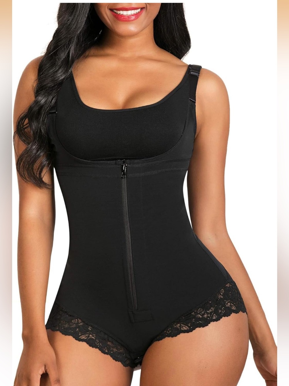 Shaperx. Black Lace-Trim Body Shaper Zip Front Bodysuit Faja. Size M. Runs for S